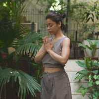 Sama Yoga Set of 2 (Top & Pants) 100% Cotton Sleeveless V Neck Short Top with Side Tie and mid waist pants Elasticised back tapered fit with box pleats- In muted plum