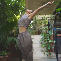Sama Yoga Set of 2 (Top & Pants) 100% Cotton Sleeveless V Neck Short Top with Side Tie and mid waist pants Elasticised back tapered fit with box pleats- In muted plum