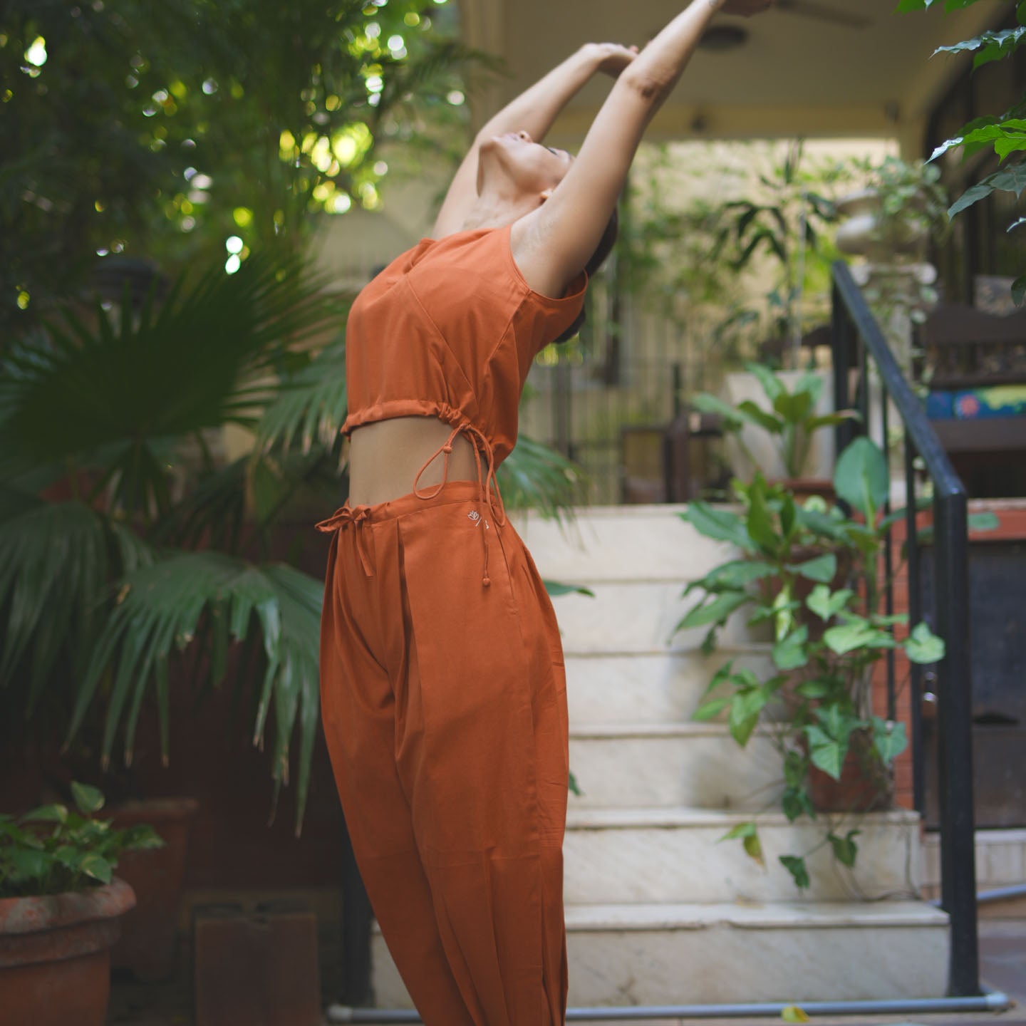 Sama Yoga Set of 2 (Top & Pants) 100% Cotton Sleeveless V Neck Short Top with Side Tie and mid waist pants Elasticised back tapered fit with box pleats- In Sienna