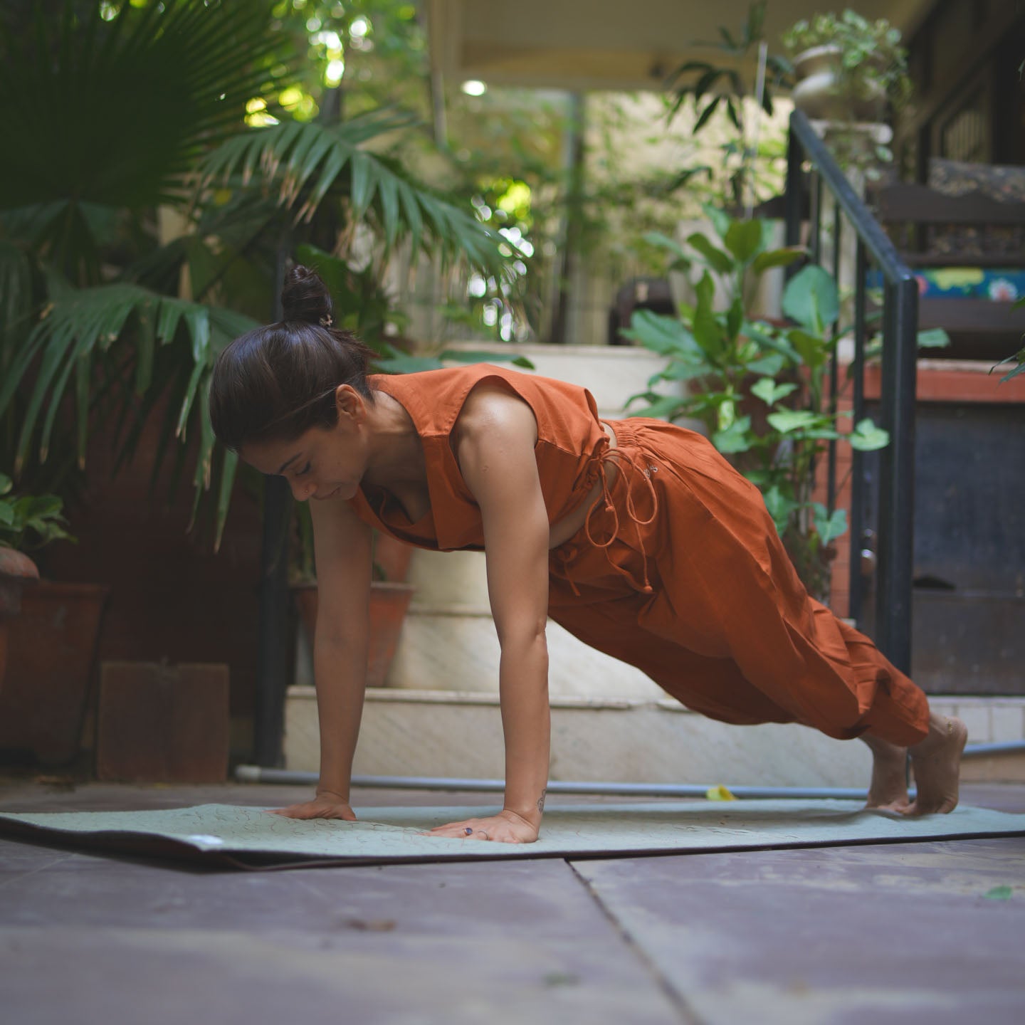 Sama Yoga Set of 2 (Top & Pants) 100% Cotton Sleeveless V Neck Short Top with Side Tie and mid waist pants Elasticised back tapered fit with box pleats- In Sienna