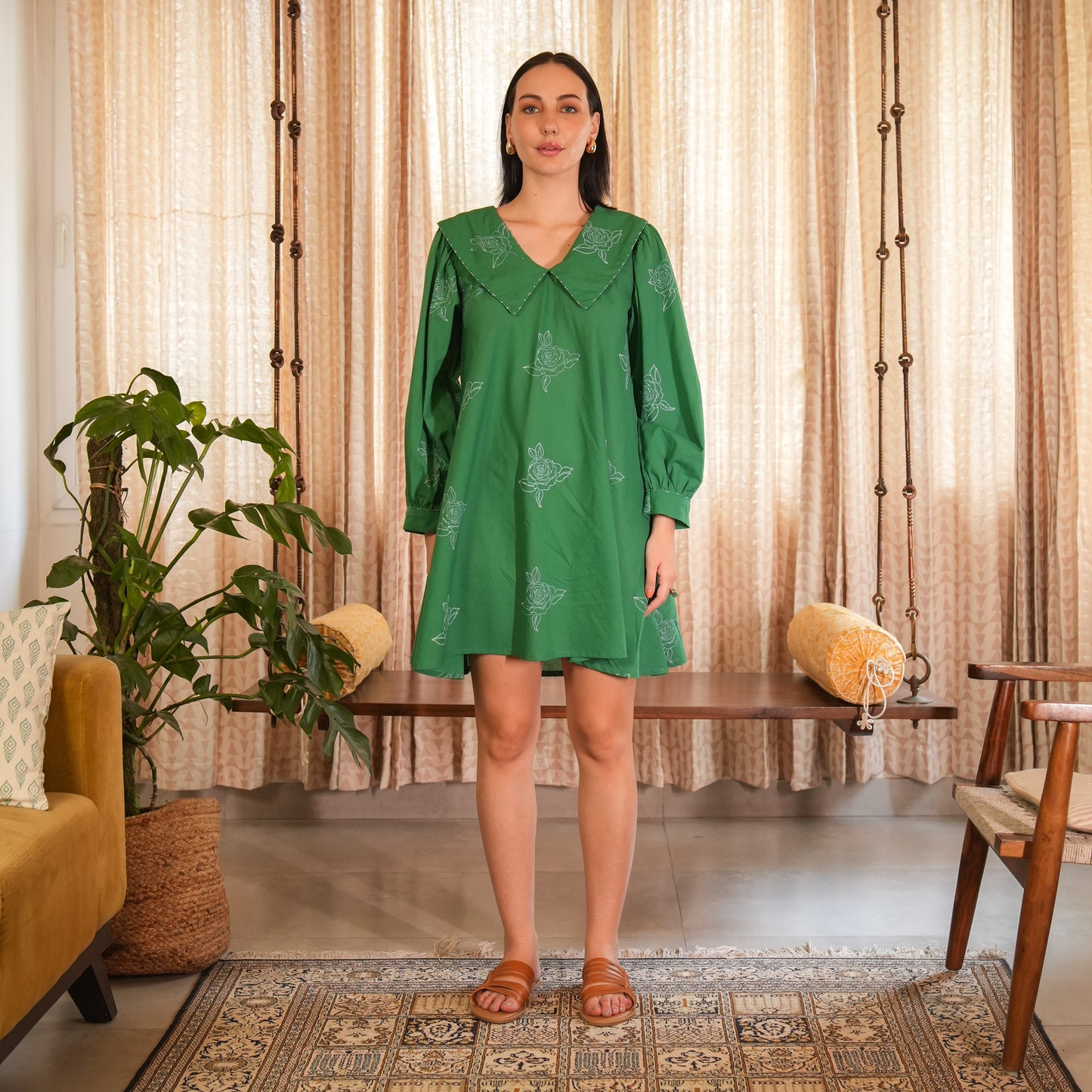 Emerald Green Hand Block Printed Short Dress with Peter Pan Collar