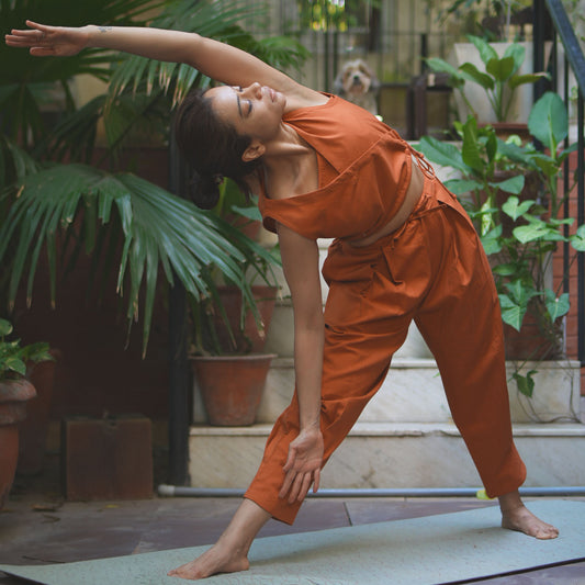 Sama Yoga Set of 2 (Top & Pants) 100% Cotton Sleeveless V Neck Short Top with Side Tie with Dhoti pants with shell button on calf for Comfortable Fit in Sienna