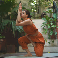 Sama Yoga Set of 2 (Top & Pants) 100% Cotton Sleeveless V Neck Short Top with Side Tie and mid waist pants Elasticised back tapered fit with box pleats- In Sienna