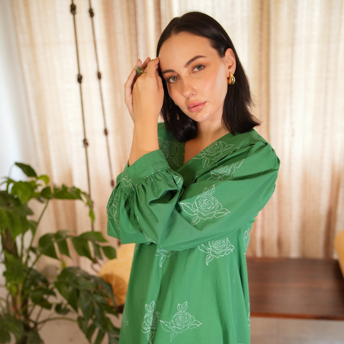 Emerald Green Hand Block Printed Short Dress with Peter Pan Collar