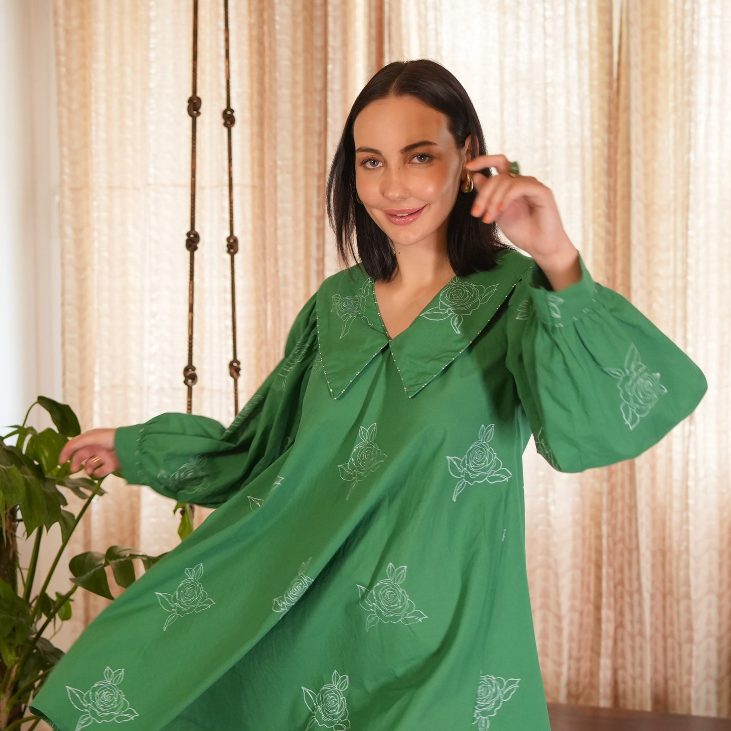 Emerald Green Hand Block Printed Short Dress with Peter Pan Collar