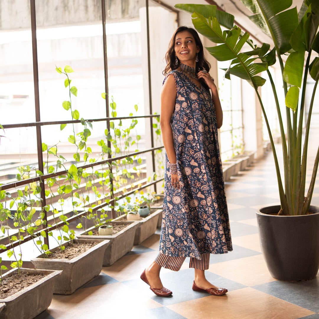 Blue Block Printed Flared Front Pleated Kurta