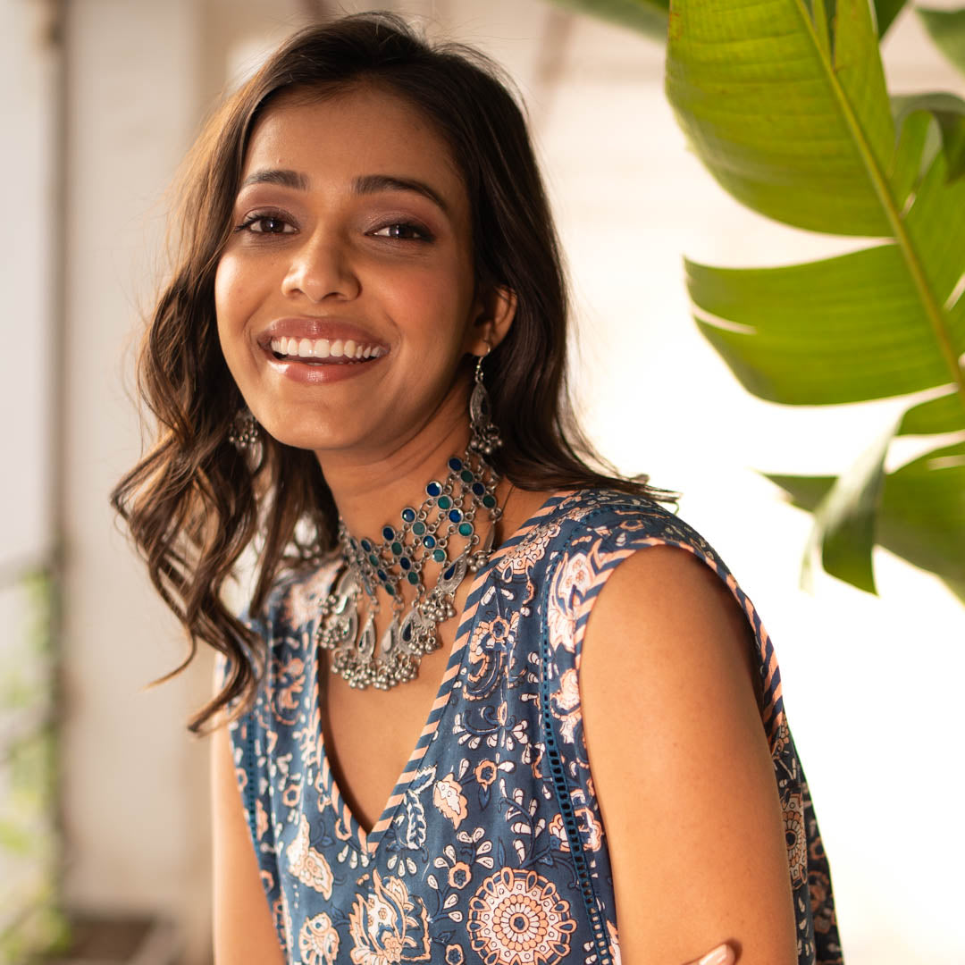 Blue Block Printed Flared Front Pleated Kurta