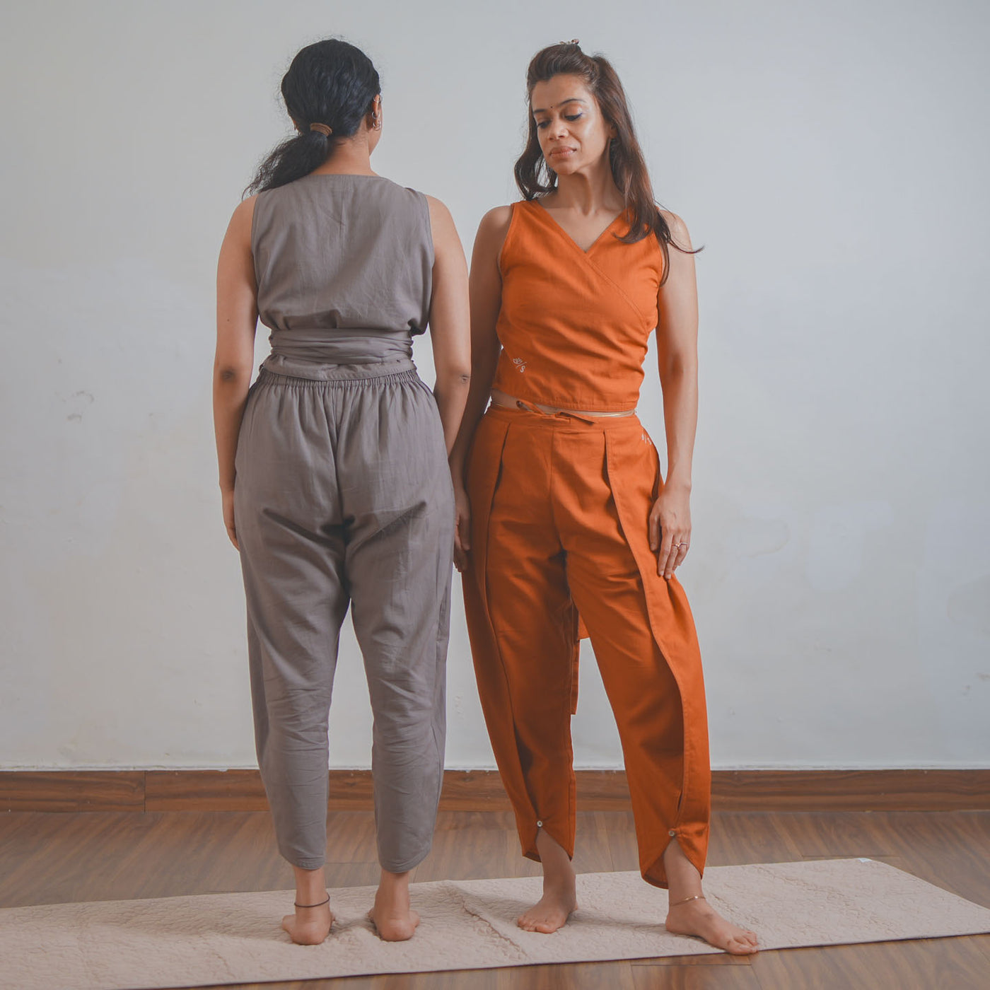 Dhara Yoga Set of 2 (Top & Pants) 100% Cotton Sleeveless V Neck Short Top with Waist Tie Straight fit Pants with tapered leg and elasticised waist band for Comfortable Fit in Sienna — view 12
