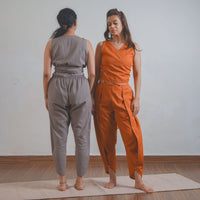 Dhara Yoga Set of 2 (Top & Pants) 100% Cotton Sleeveless V Neck Short Top with Waist Tie Straight fit Pants with tapered leg and elasticised waist band for Comfortable Fit in Sienna