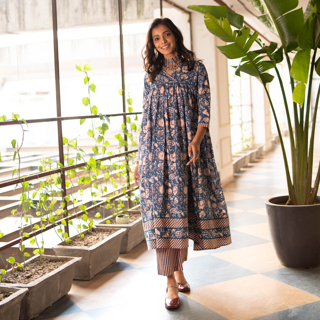 Blue Block Printed Anarkali Kurta With Hem Details