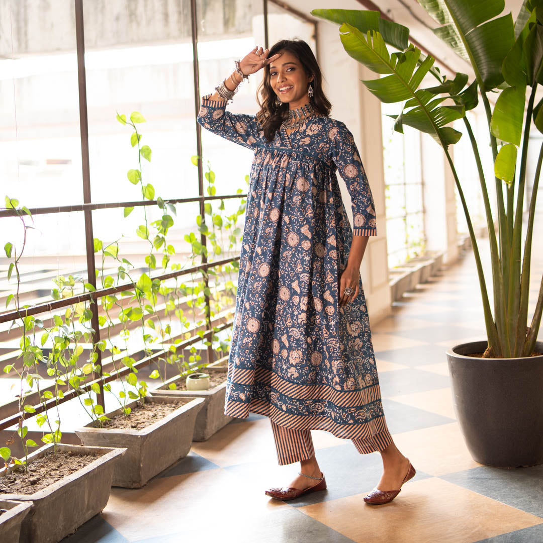 Blue Block Printed Anarkali Kurta With Hem Details