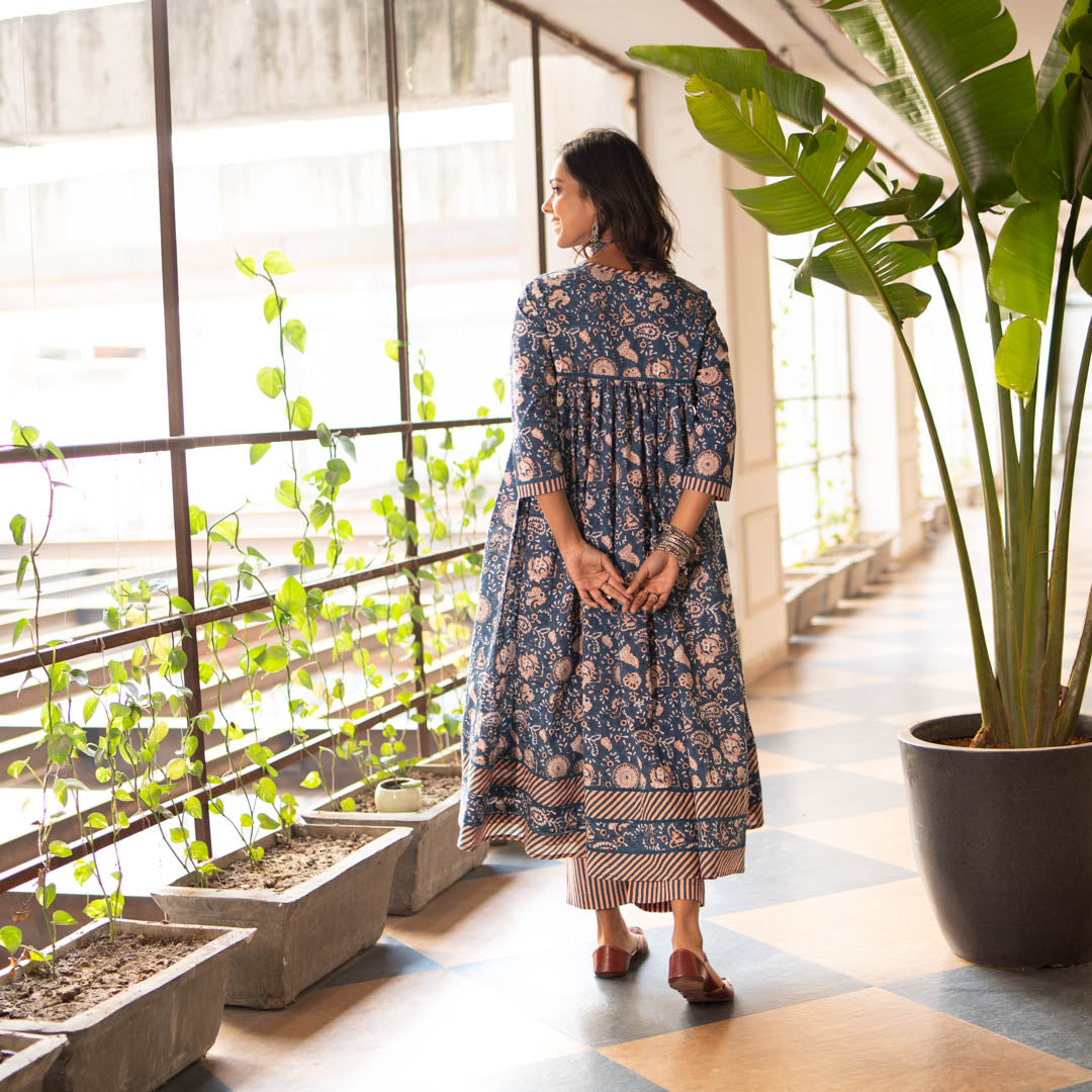 Blue Block Printed Anarkali Kurta With Hem Details