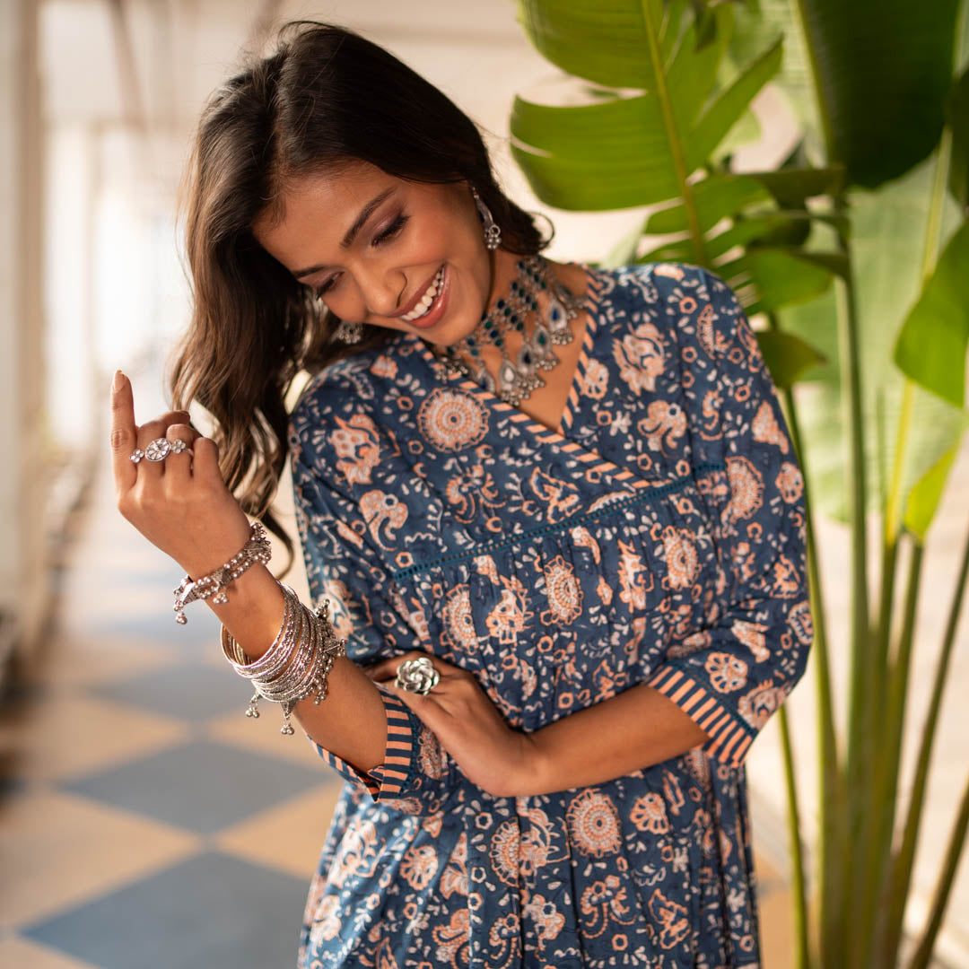 Blue Block Printed Anarkali Kurta With Hem Details