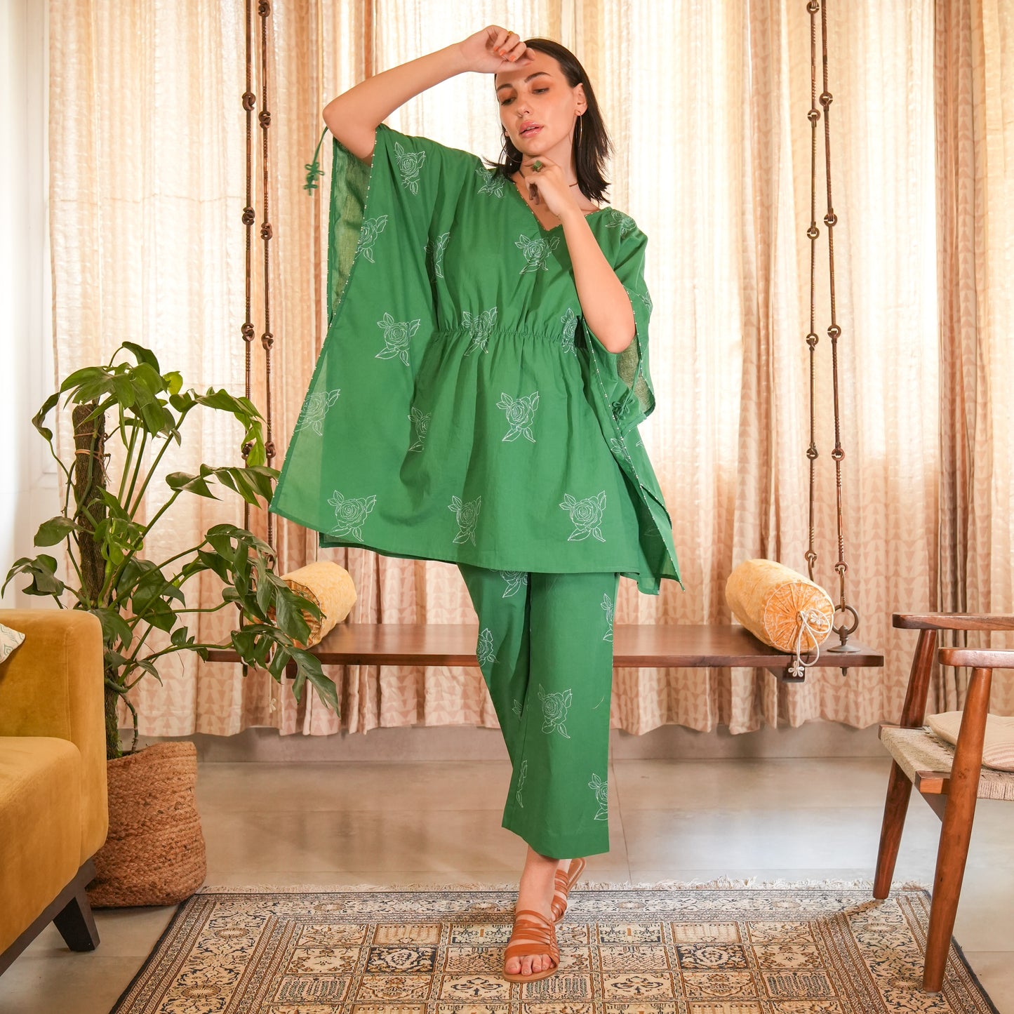 Emerald Green Hand Block Printed Short Kaftan