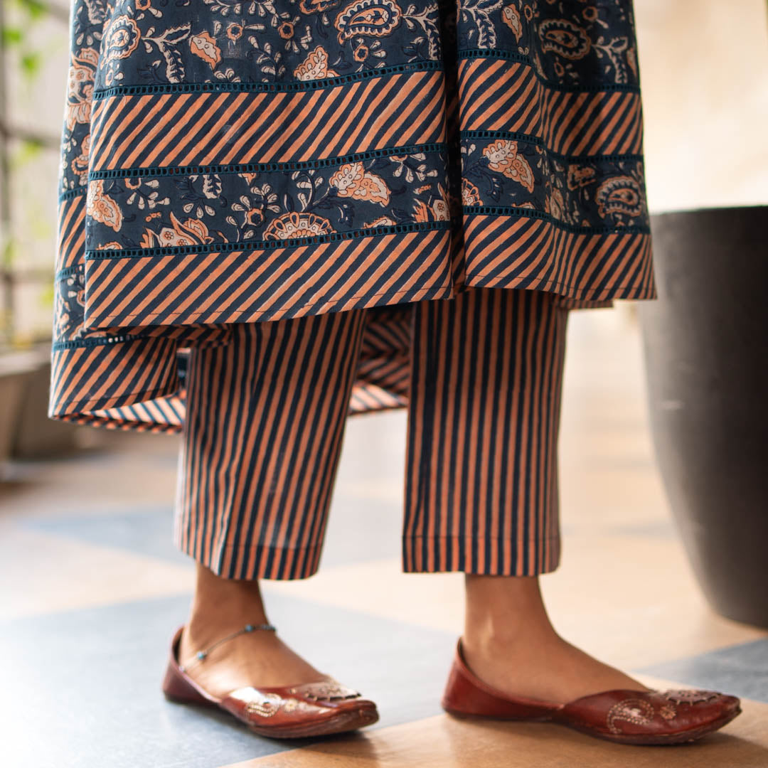 Blue Block Printed Anarkali Kurta With Hem Details