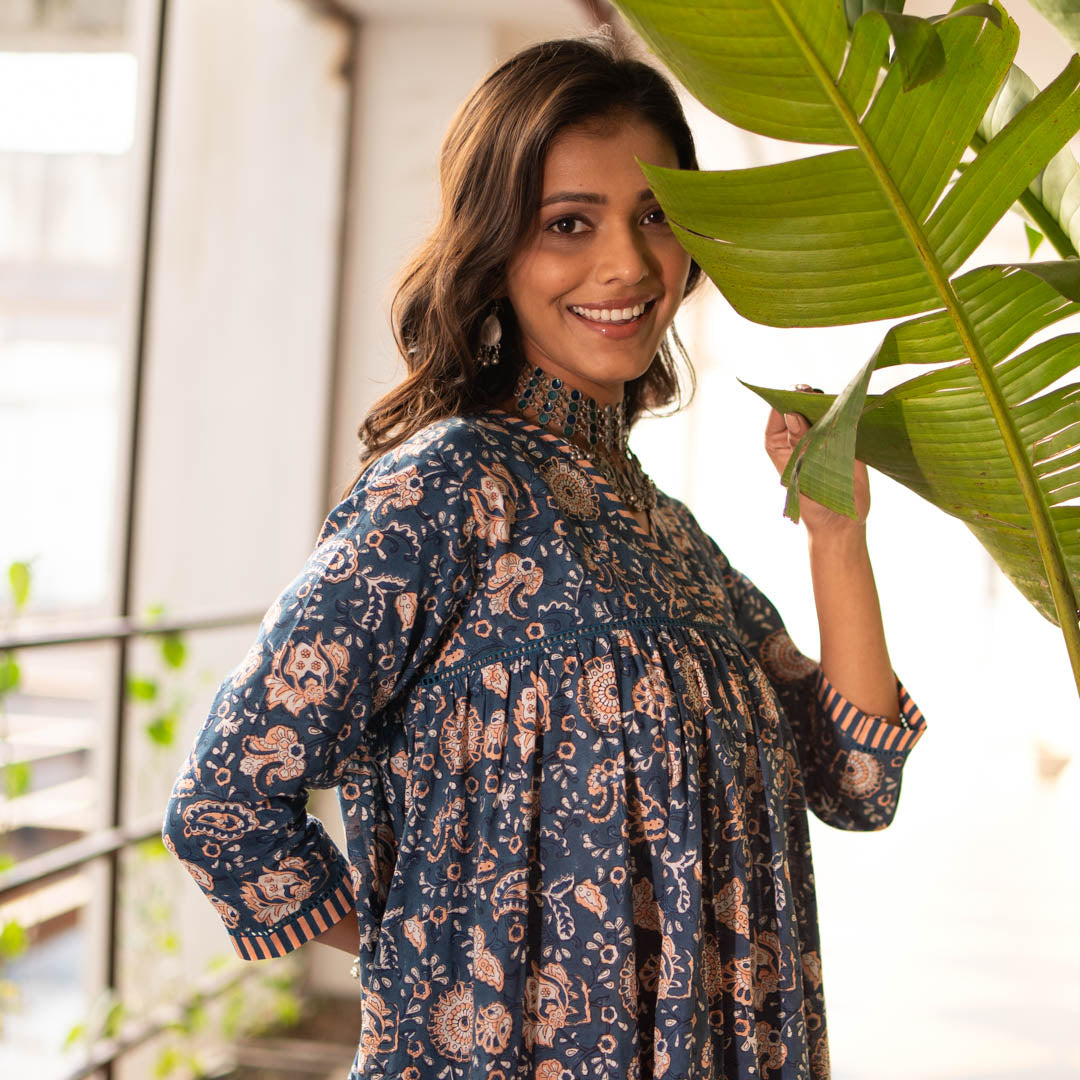 Blue Block Printed Anarkali Kurta With Hem Details