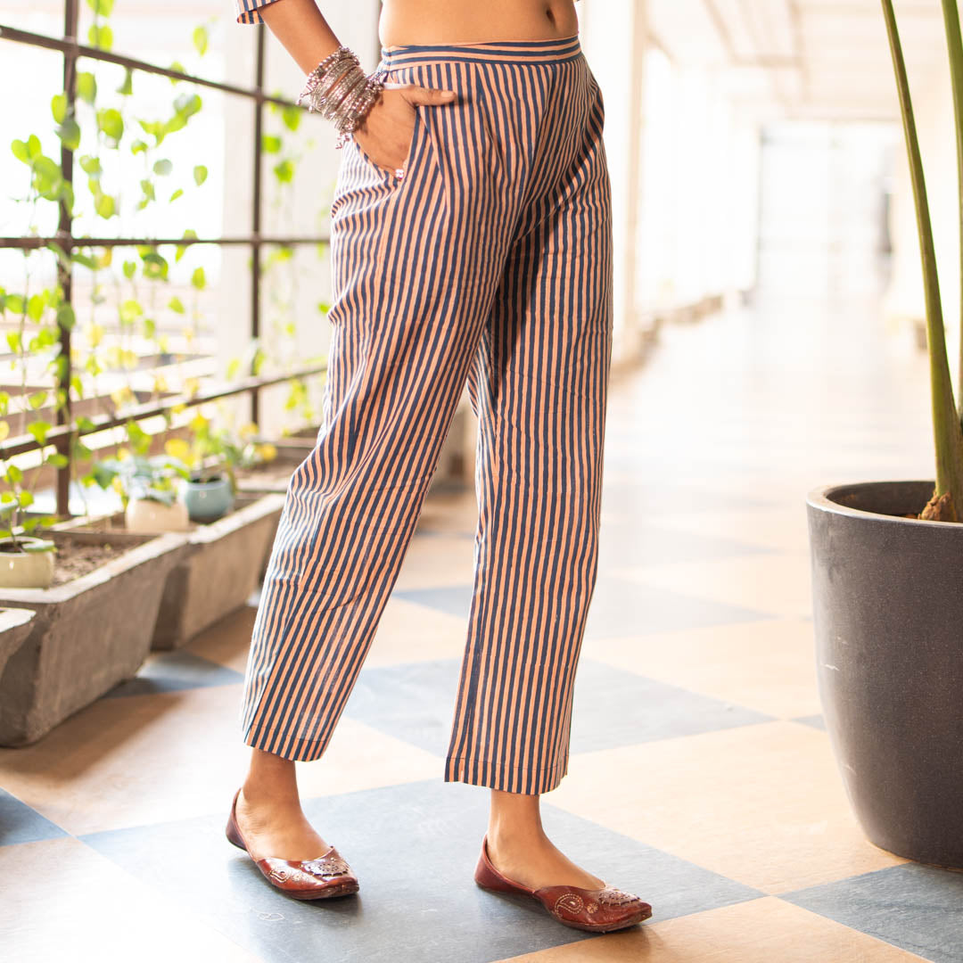 Blue Striped Straight Fit Trousers