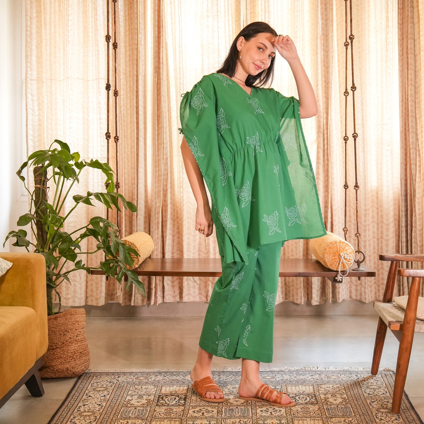 Emerald Green Hand Block Printed Short Kaftan