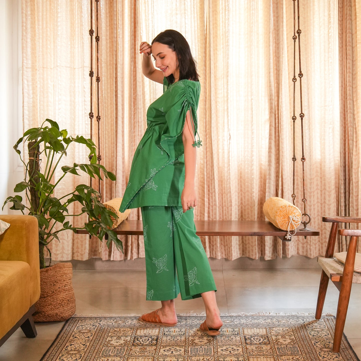 Emerald Green Hand Block Printed Short Kaftan