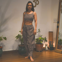 Sama Yoga Set of 2 (Top & Pants) 100% Cotton Sleeveless V Neck Short Top with Side Tie and mid waist pants Elasticised back tapered fit with box pleats- In muted plum