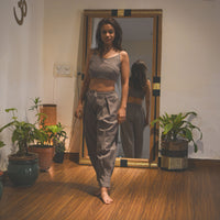 Sama Yoga Set of 2 (Top & Pants) 100% Cotton Sleeveless V Neck Short Top with Side Tie and mid waist pants Elasticised back tapered fit with box pleats- In muted plum