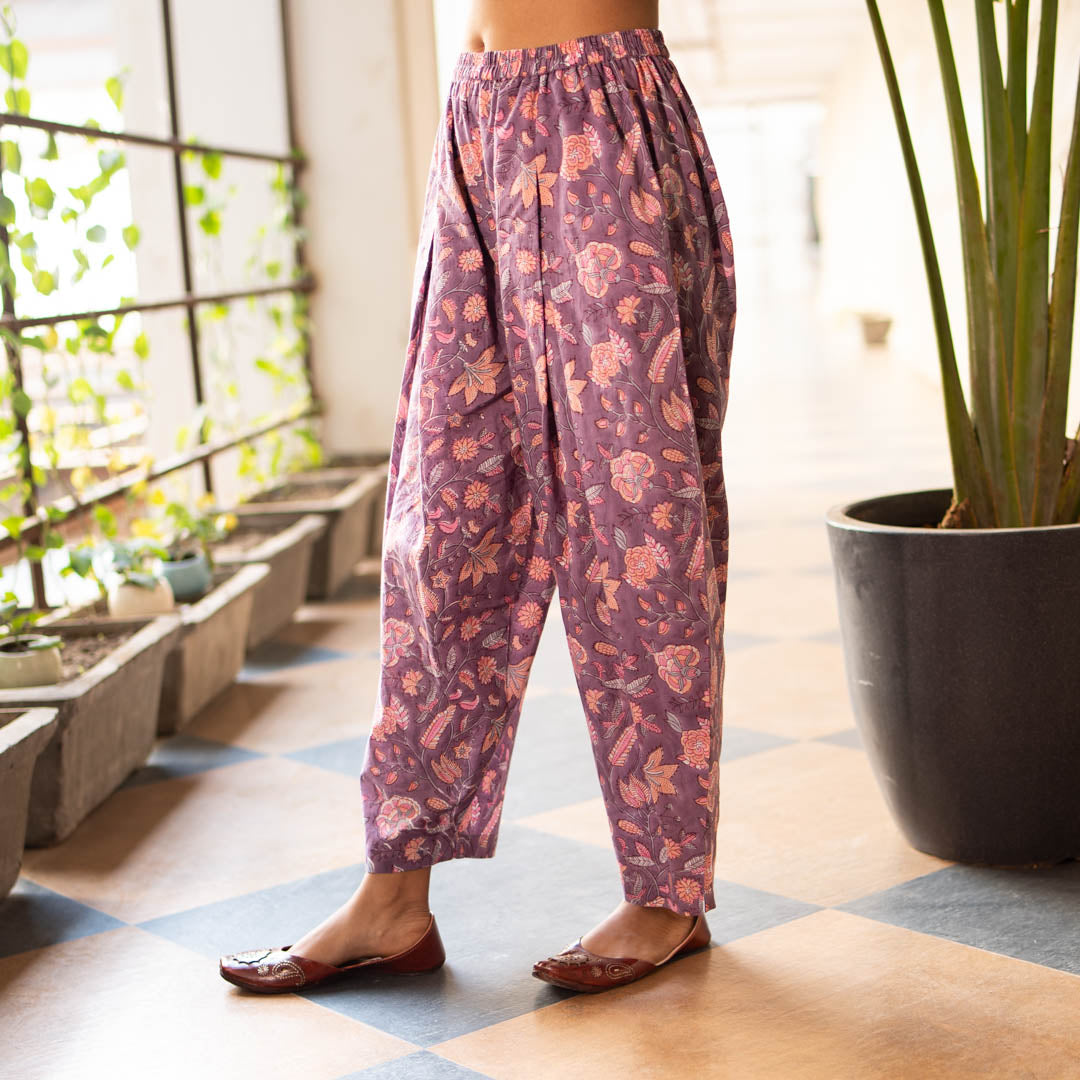 Purple Block Printed Gathered Trousers