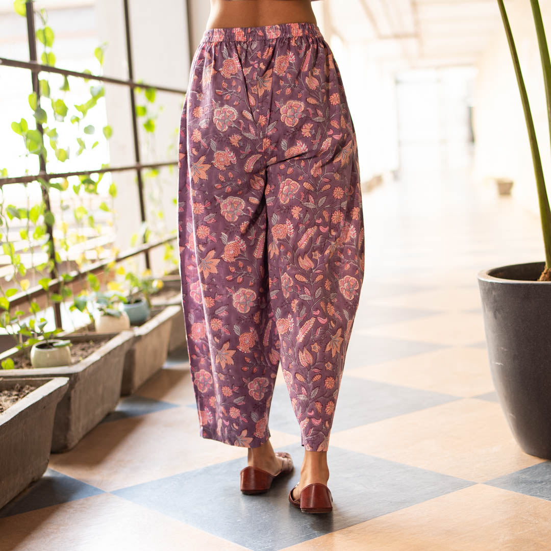 Purple Block Printed Gathered Trousers