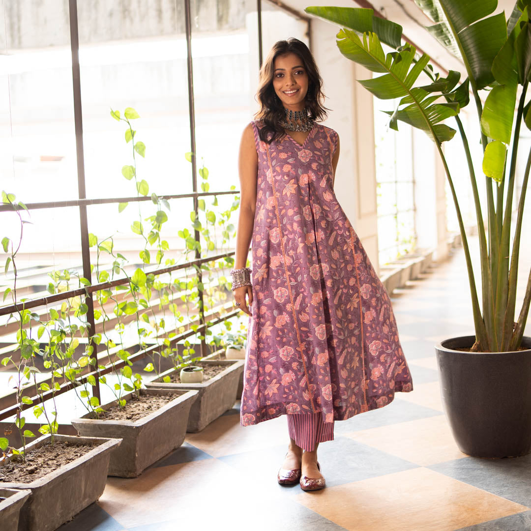 Purple Block Printed Flared Front Pleated Kurta