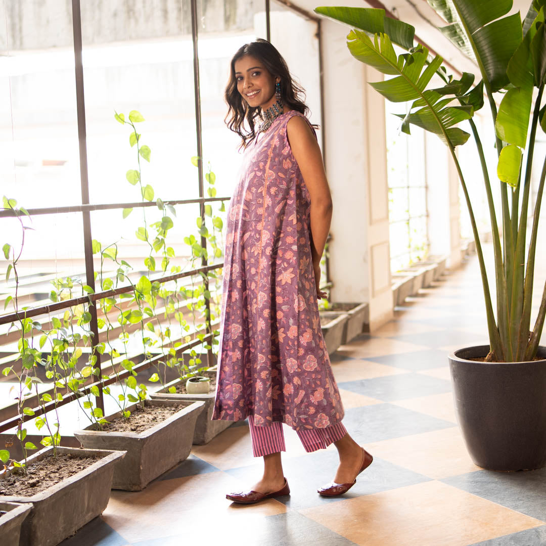 Purple Block Printed Flared Front Pleated Kurta