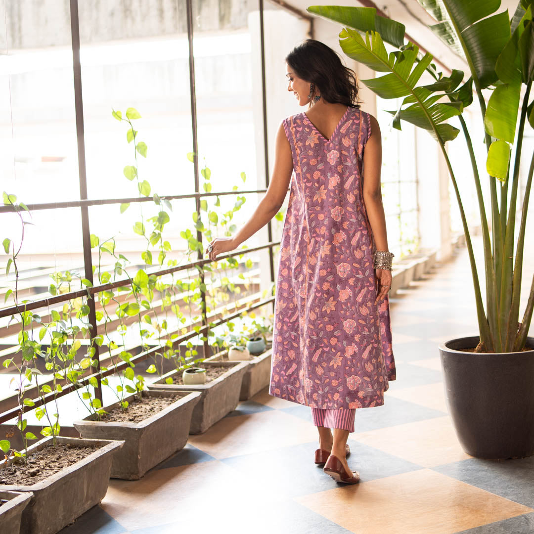 Purple Block Printed Flared Front Pleated Kurta