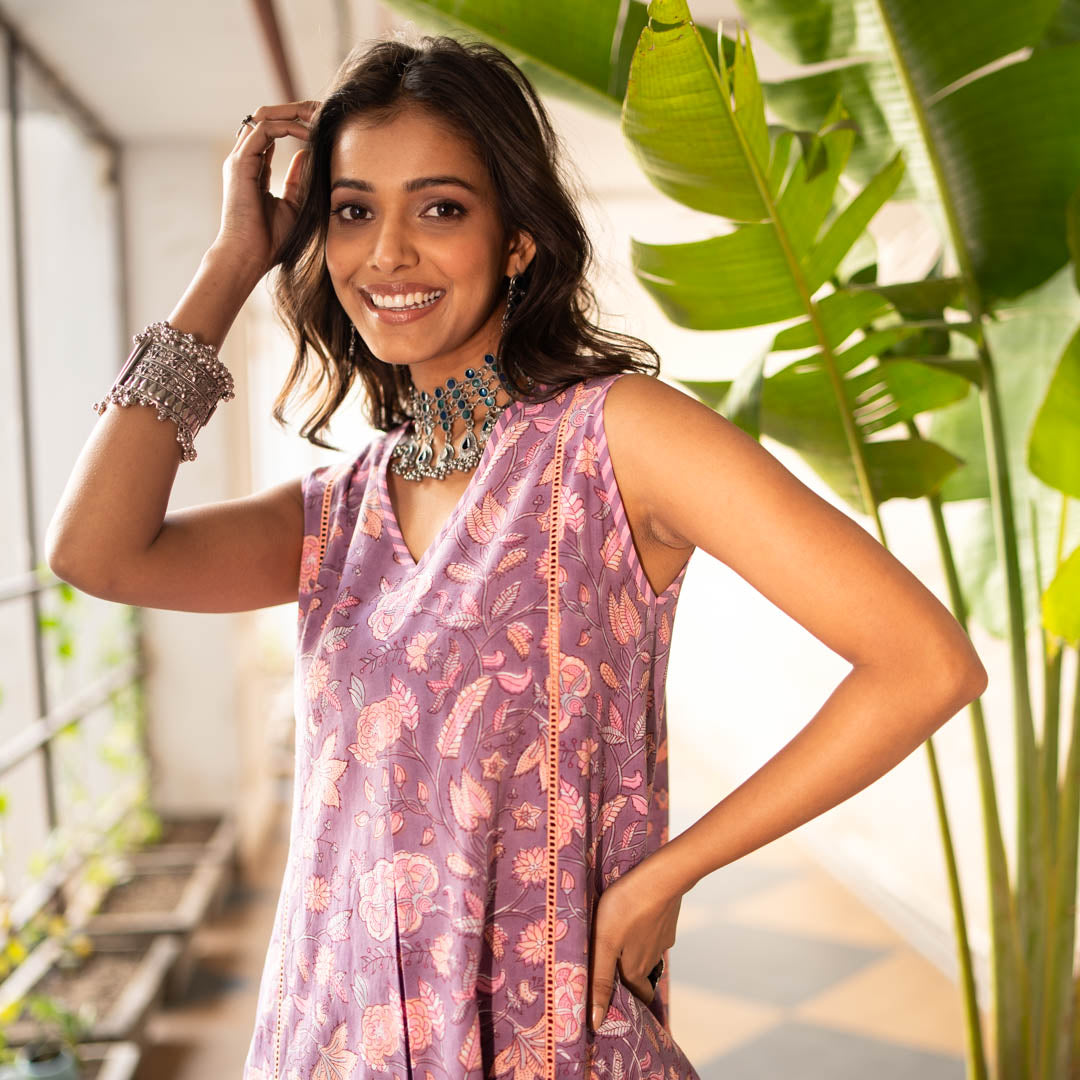 Purple Block Printed Flared Front Pleated Kurta