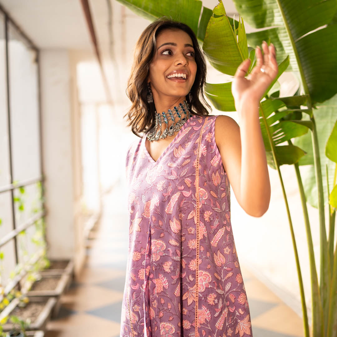 Purple Block Printed Flared Front Pleated Kurta