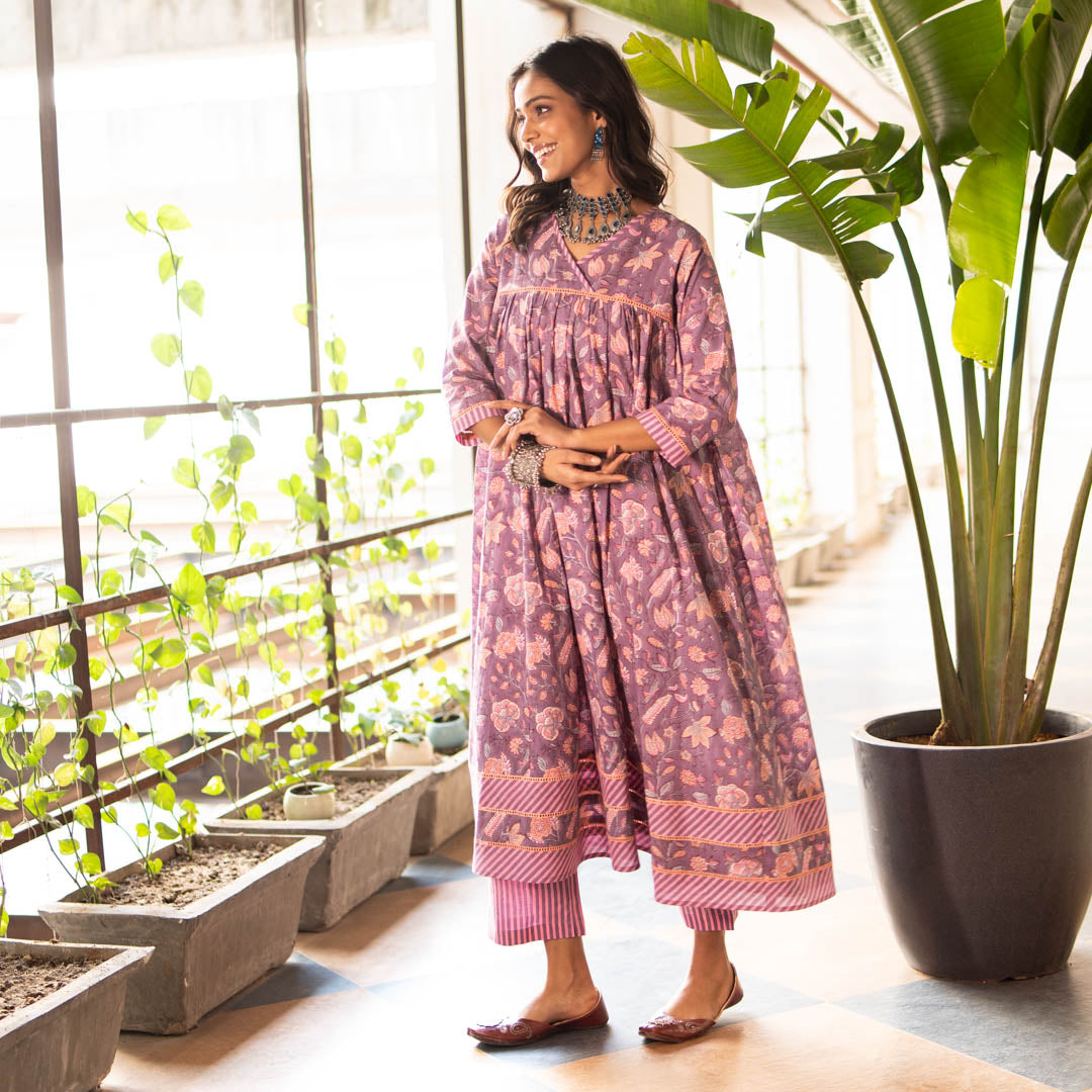 Purple Block Printed Anarkali Kurta Set With Hem Details (Set of 2)