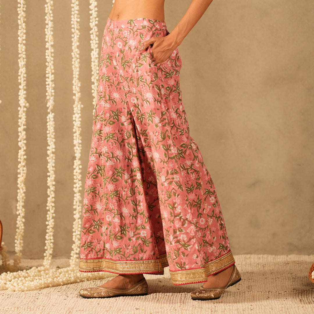 Pink Floral Printed Short kurta with Spaghetti Straps with Sharara Pants and Dupatta (Set of 3)