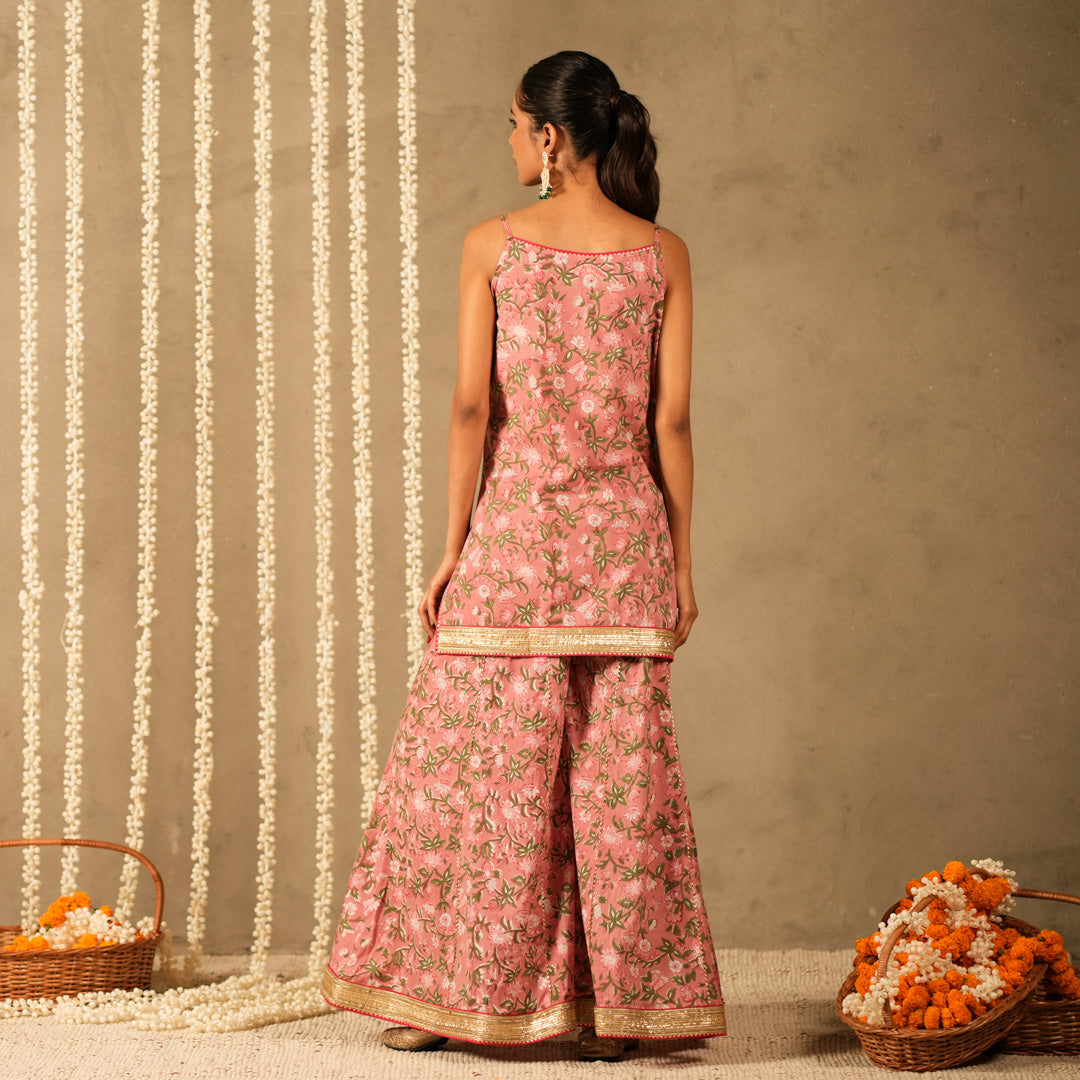 Pink Floral Printed Short kurta with Spaghetti Straps with Sharara Pants and Dupatta (Set of 3)