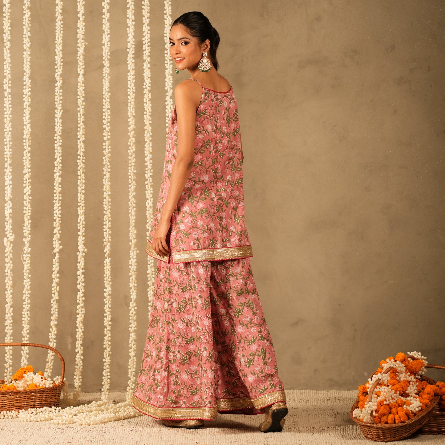 Pink Floral Printed Short kurta with Spaghetti Straps with Sharara Pants and Dupatta (Set of 3)