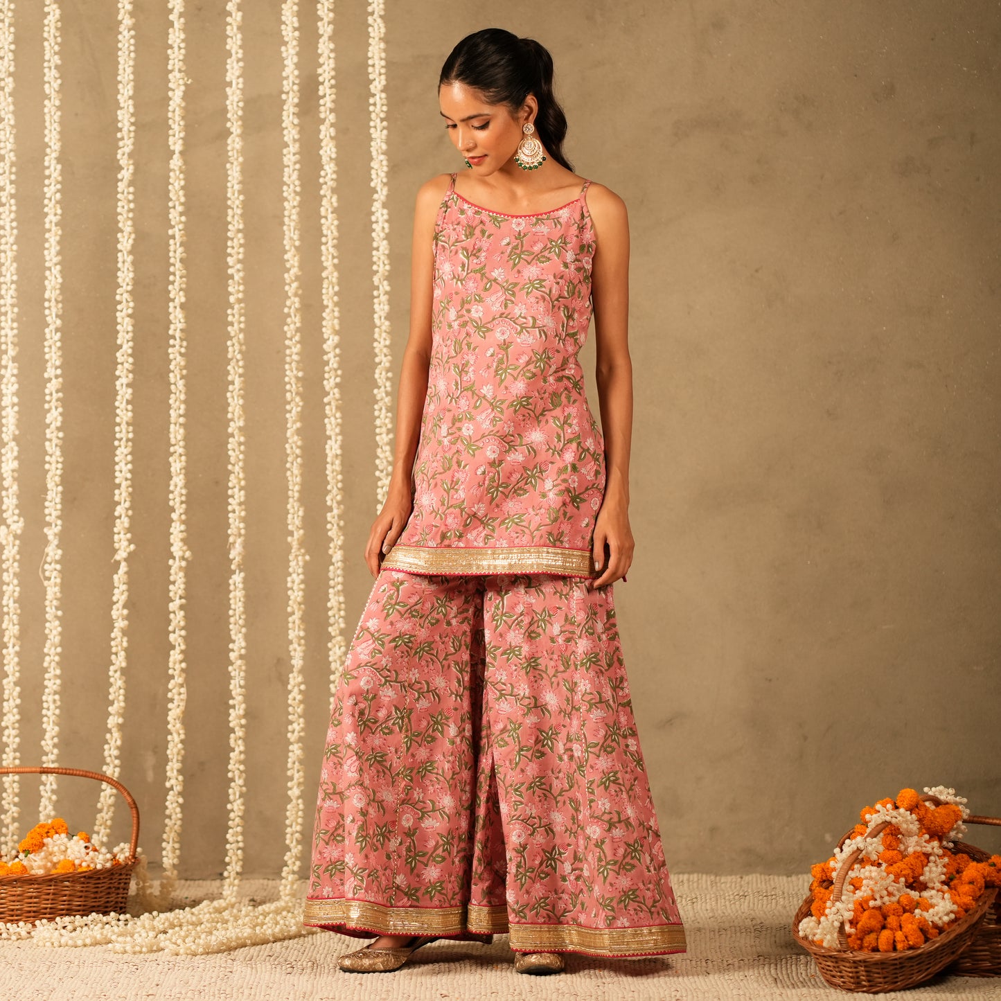 Pink Floral Printed Short kurta with Spaghetti Straps with Sharara Pants and Dupatta (Set of 3)