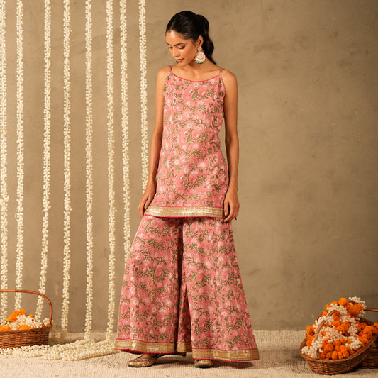 Pink Floral Printed Short kurta with Spaghetti Straps with Sharara Pants (Set of 2)