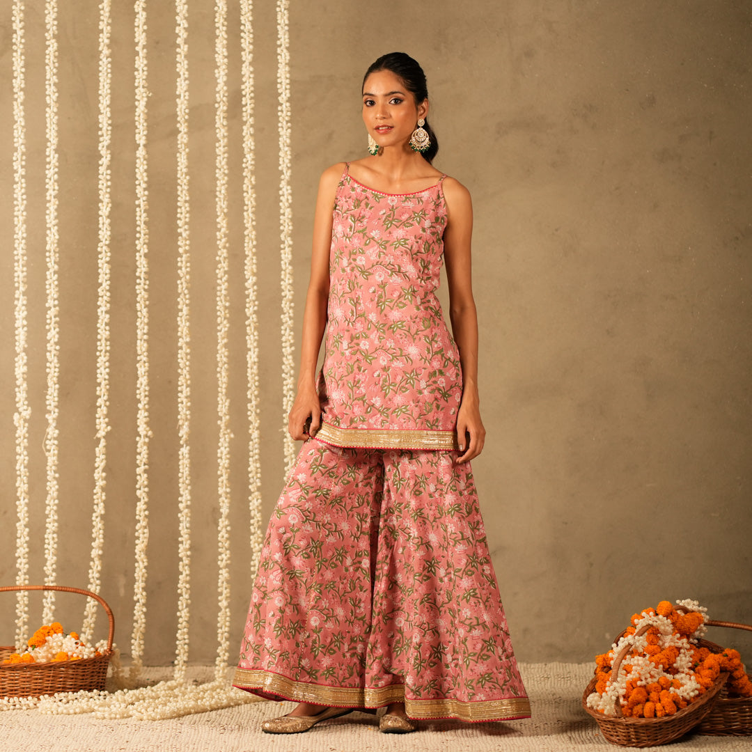 Pink Floral Printed Short kurta with Spaghetti Straps with Sharara Pants and Dupatta (Set of 3)