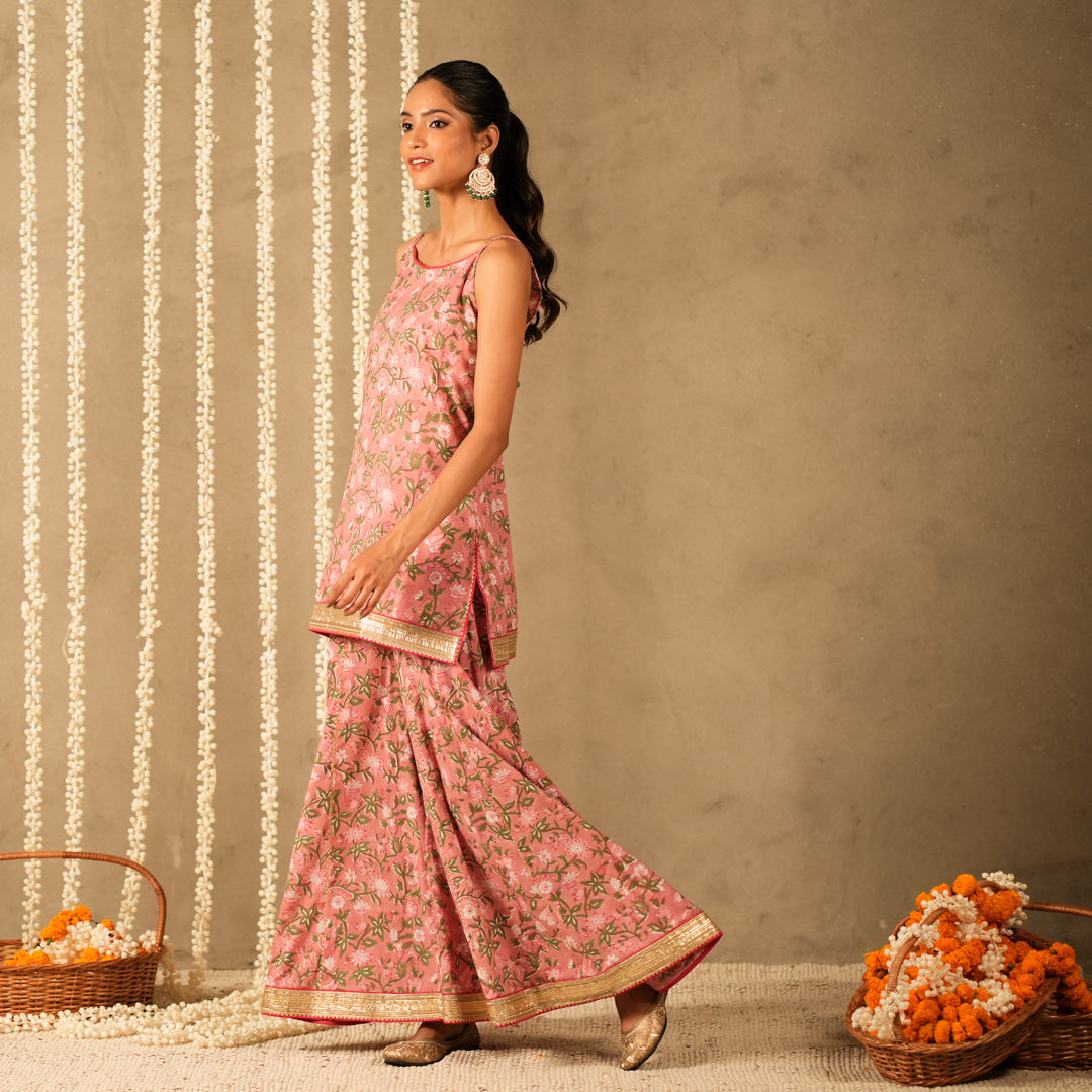 Pink Floral Printed Short kurta with Spaghetti Straps with Sharara Pants and Dupatta (Set of 3)