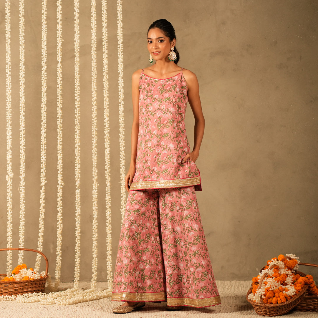 Pink Floral Printed Short kurta with Spaghetti Straps with Sharara Pants and Dupatta (Set of 3)