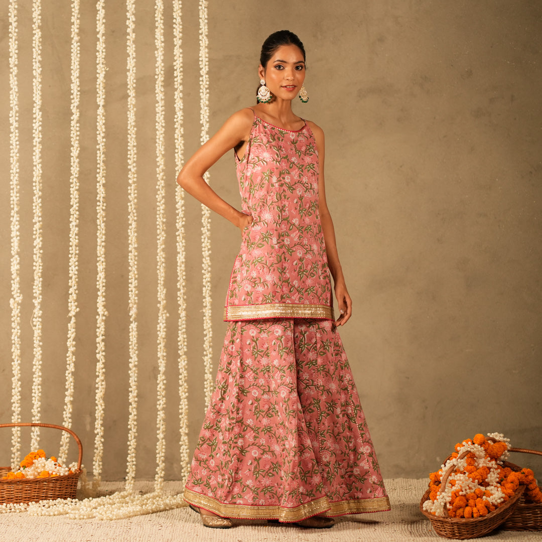 Pink Floral Printed Short kurta with Spaghetti Straps with Sharara Pants and Dupatta (Set of 3)