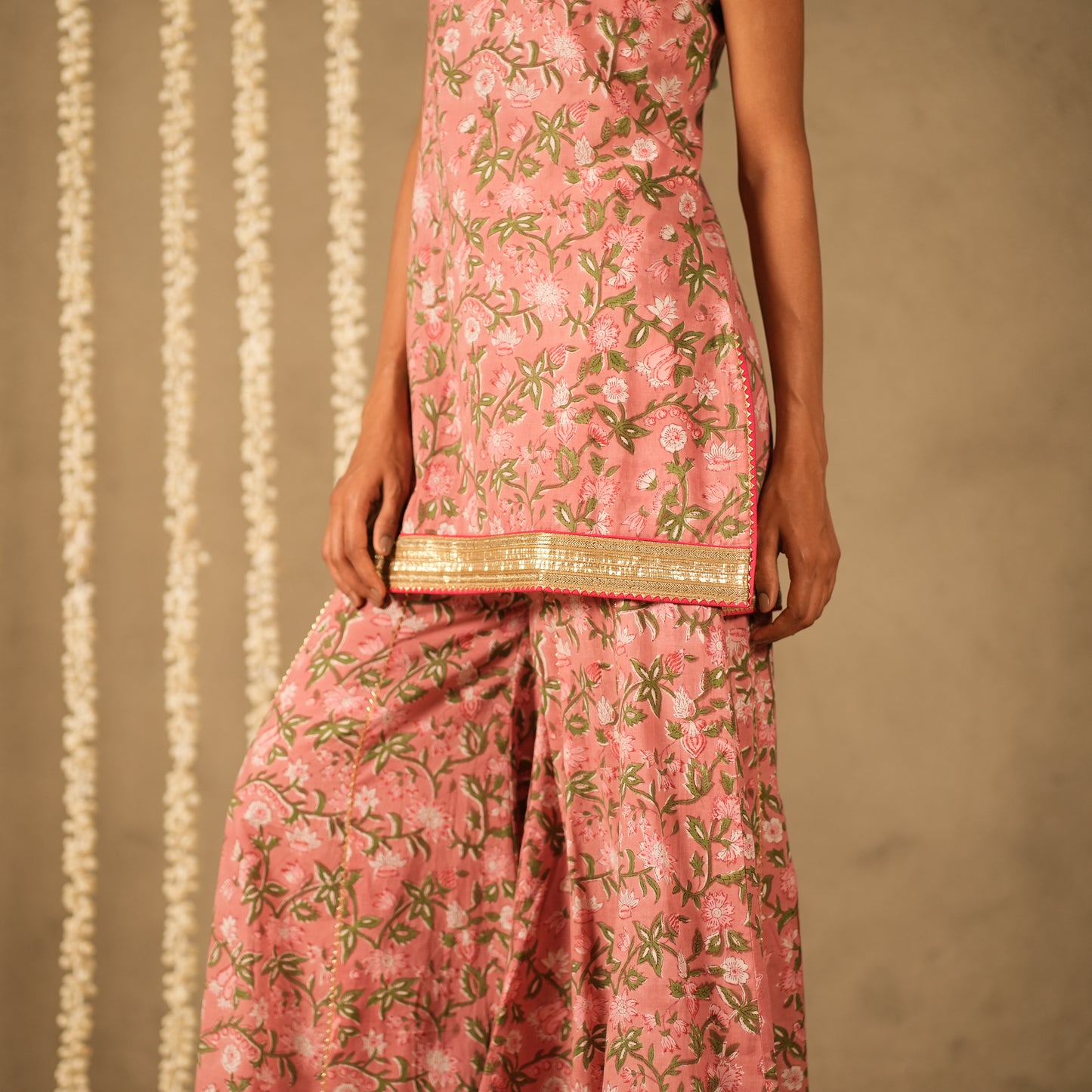 Pink Floral Printed Short kurta with Spaghetti Straps with Sharara Pants and Dupatta (Set of 3)