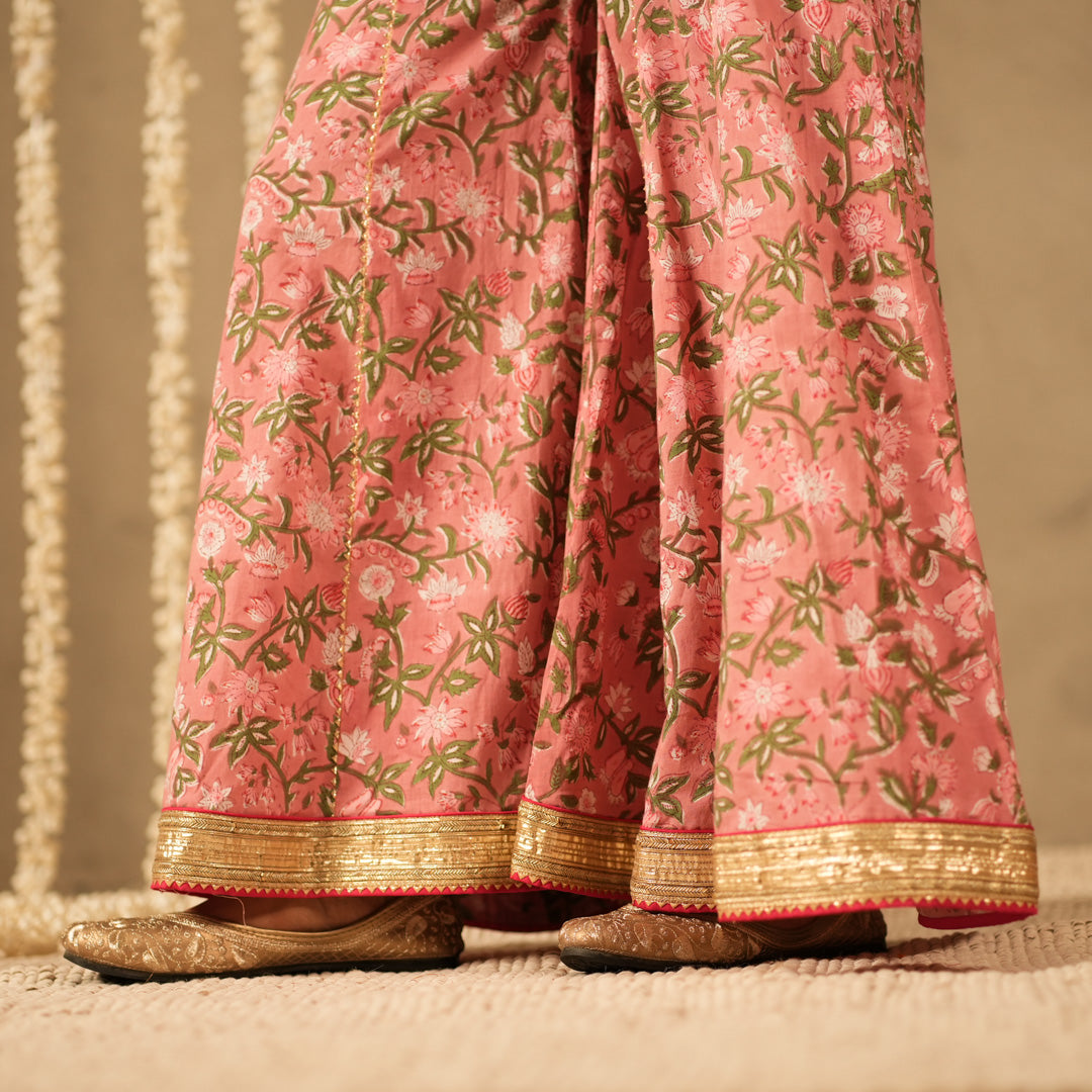 Pink Floral Printed Short kurta with Spaghetti Straps with Sharara Pants and Dupatta (Set of 3)