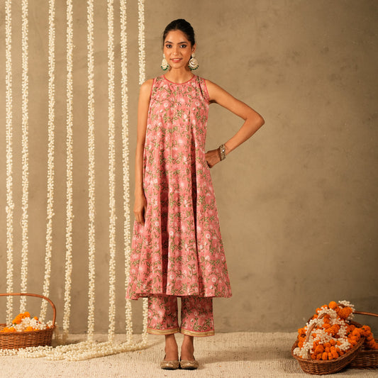 Pink Floral Printed Kalidar Sleeveless Long Kurta with Straight Pants (Set of 2)