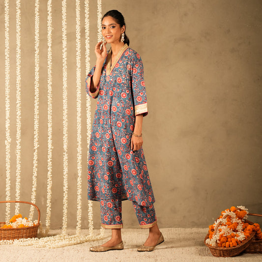 Blue Floral Printed V Neck Long A Line Kurta with Straight Pants (Set of 2)