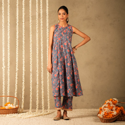 Blue Floral Printed Kalidar Sleeveless Long Kurta with Straight Pants (Set of 2)