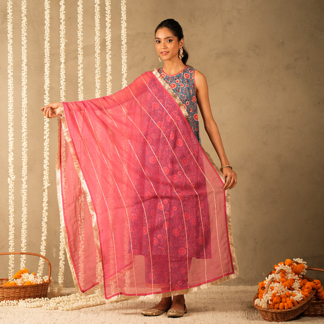 Magenta Solid Dupatta with Gotta and Fringe Lace