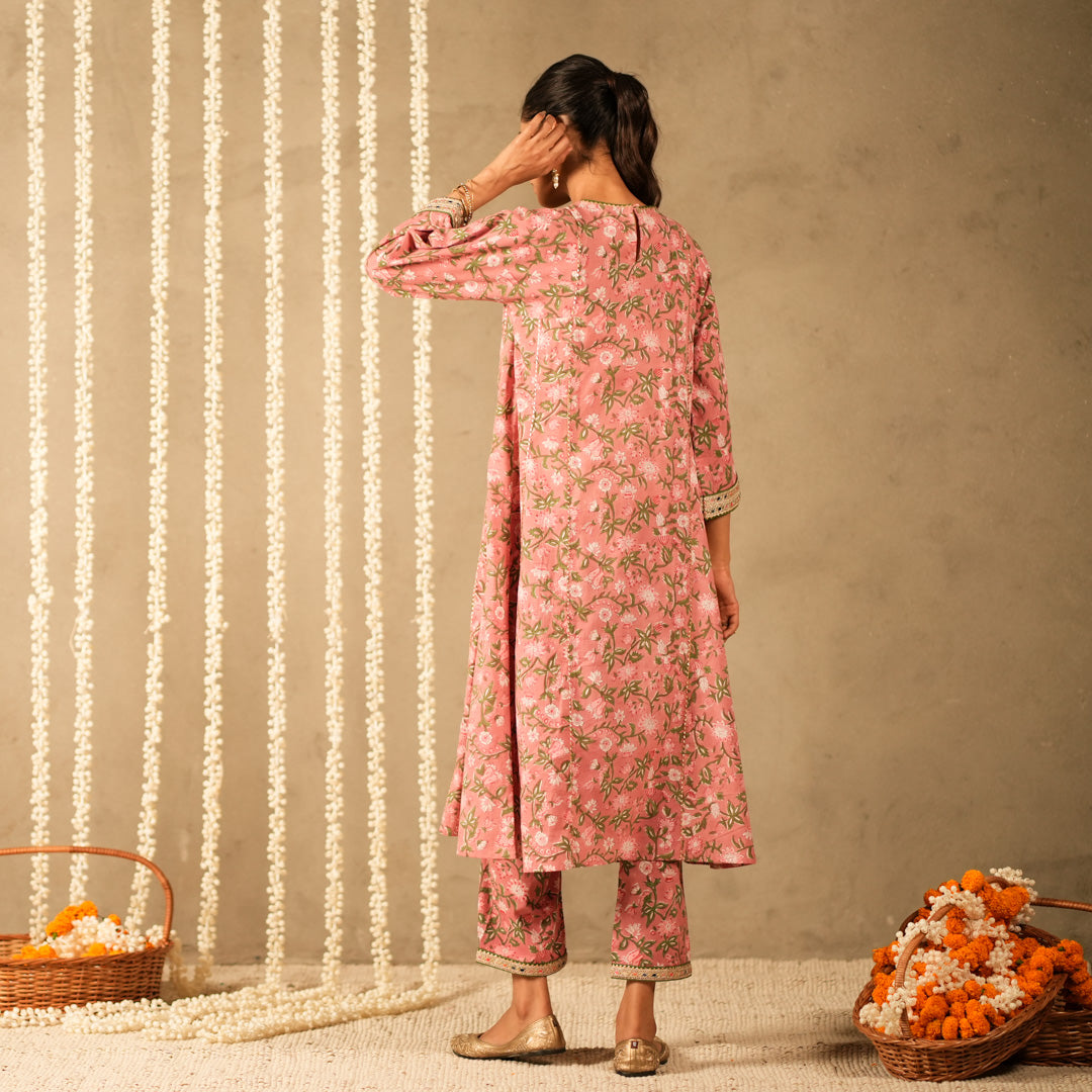 Pink Floral Printed Round Neck Kalidar Anarkali with Yoke with Straight Pants (Set of 2)
