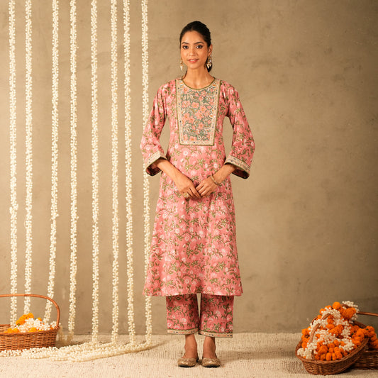 Pink Floral Printed Round Neck Kalidar Anarkali with Yoke with Straight Pants (Set of 2)